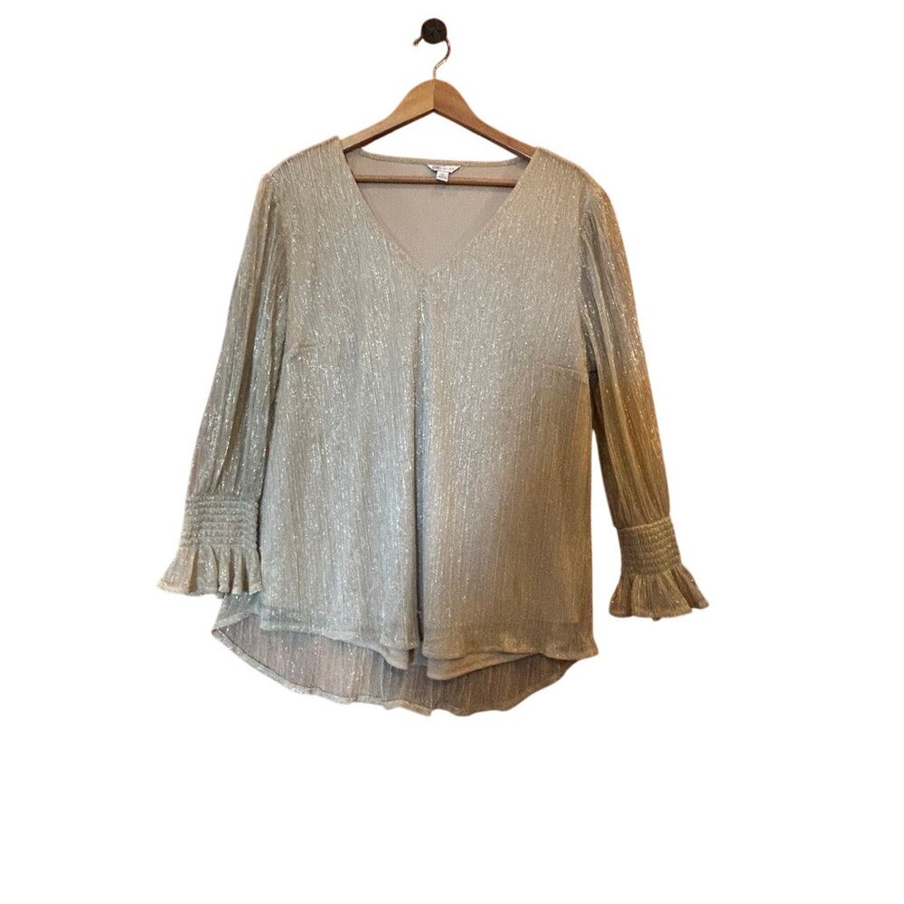 Cato Womens XL Gold Metallic Glitter Sparkle Bell Sleeve Blouse Top Night Out EU